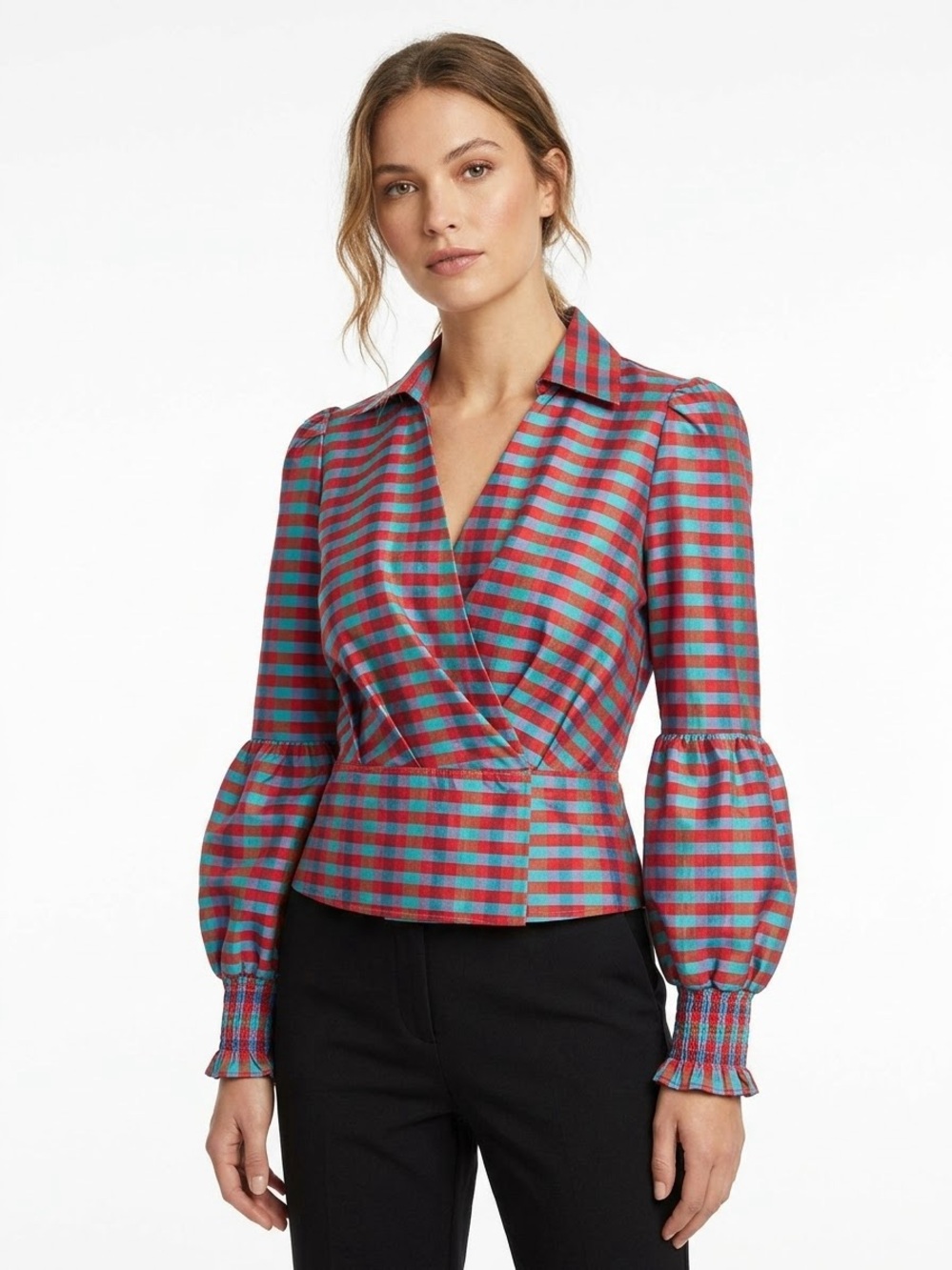 Kitschy Striped Gingham Puff Sleeve Wrap Blouse Dopamine Dressing Maximalist